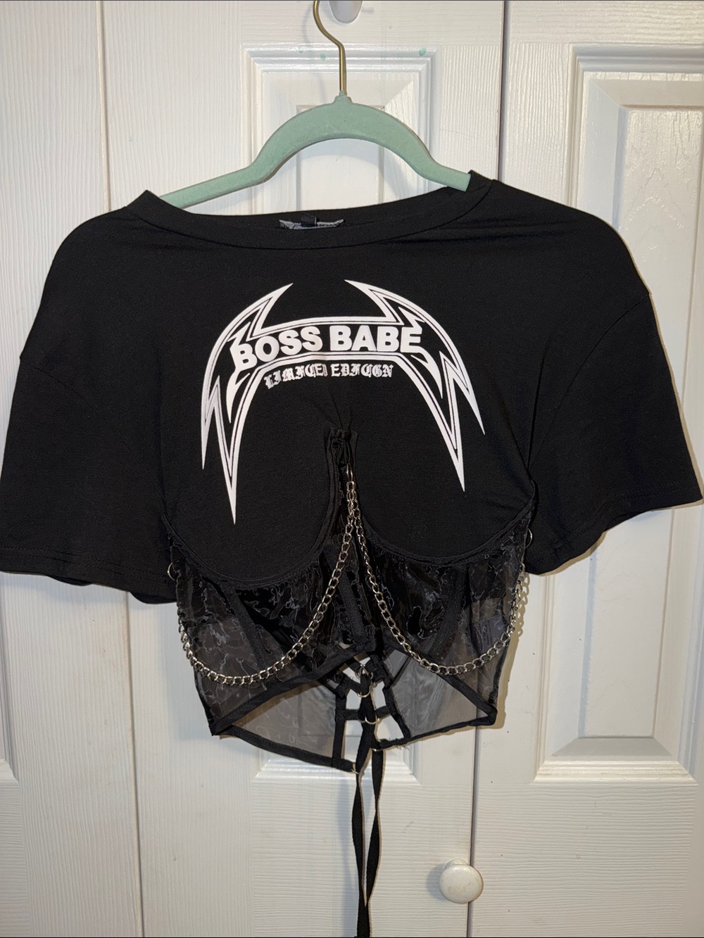 Fashion Nova Black 'Boss Babe' Cropped Chain Corset Top